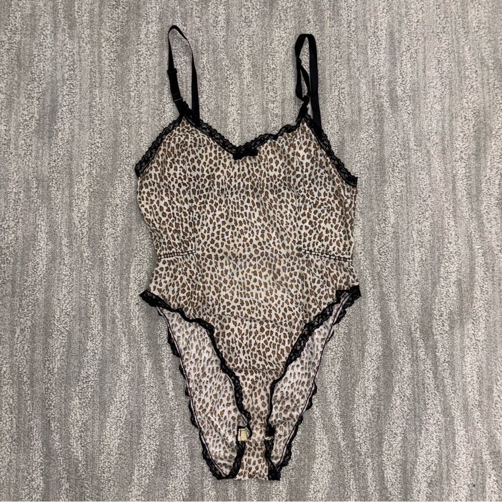 VTG 80s KIKI Cheetah Print Bodysuit Black Lace Trim Chippendales Women’s Sz S
